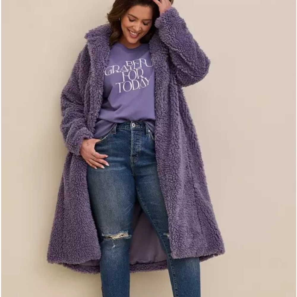 Torrid Sherpa Maxi Coat in Heron Heather Blue/Purple Teddy Trench Coat Size 2X